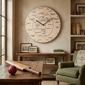 Gepersonaliseerde custom gegraveerde gecoate houten cricketveld houten klok, cadeaus cricketfan, WK 2026, sportliefhebbers, muur hangen thuis