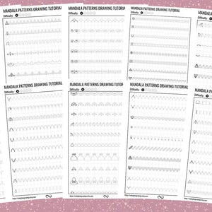 May include: A set of printable mandala pattern drawing tutorials. The sheets display various patterns with the text "Mandala Patterns Drawing Tutorial" and "Difficulty". A pink circle with the word "OUTLINE" is visible.