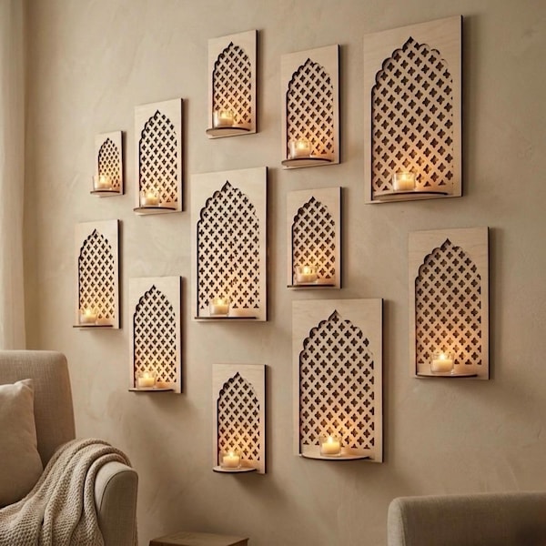 Caja de madera Jharokha, decoración de pared para Diwali, arte de pared Desi, caja de sombra con patrones de malla de arcos islámicos, decoración de pared para lámparas, portavelas para el hogar en festivales