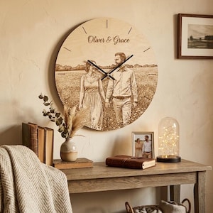 Custom Photo and Text Engraved Wooden Wall Clock, Valentine’s, Mother’s Day Gift, Wedding Favors, Family Portrait Gifts, Personalized Gifts