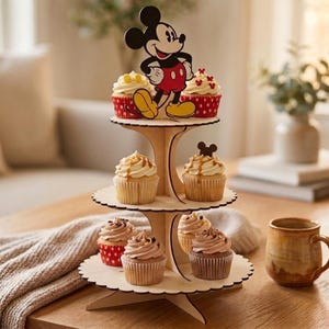 Pode incluir: Um suporte de cupcake de madeira de três níveis com um recorte do Mickey Mouse no topo. O suporte contém cupcakes com várias coberturas, incluindo caramelo e chocolate. Os cupcakes estão em embalagens de bolinhos de bolinhas vermelhas e brancas e marrons lisas. Uma caneca marrom está na mesa.