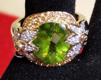 Vintage 14K Peridot, Yellow Sapphire, & Diamond Ring