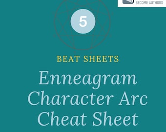 May include: A teal graphic with the text "Beat Sheets Enneagram Character Arc Cheat Sheet" and "Type 5: The Investigator." A white circle with the number 5 is at the top, with a geometric design around it. The logo "Helping Writers Become Authors" is in the top right.