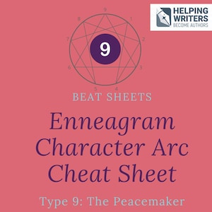 Op de afbeelding: Roze afbeelding met een cirkelvormig Enneagram-diagram, met het nummer 9 in een paarse cirkel. Tekst bevat "Beat Sheets", "Enneagram Character Arc Cheat Sheet" en "Type 9: The Peacemaker".