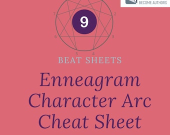 May include: A pink graphic with a circular Enneagram diagram, featuring the number 9 in a purple circle. Text includes "Beat Sheets," "Enneagram Character Arc Cheat Sheet," and "Type 9: The Peacemaker."