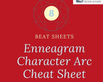 May include: A red graphic with the text "Enneagram Character Arc Cheat Sheet" and "Type 8: The Challenger." It features a diagram with the number 8 in a light yellow circle, and the words "Helping Writers Become Authors."