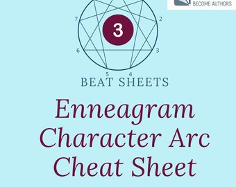 May include: An Enneagram Character Arc Cheat Sheet with a light blue background. The graphic features a circular diagram with the number 3 in a maroon circle at the center. Text includes "Beat Sheets" and "Type 3: The Achiever."
