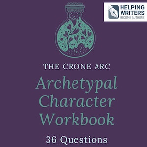 May include: A purple book cover with the title "The Crone Arc Archetypal Character Workbook" in white and teal text. The cover features a teal illustration of a decorative bottle with floral and star designs. The text "36 Questions" is at the bottom.