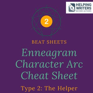 Può includere: Grafica viola con il testo "Enneagram Character Arc Cheat Sheet". L'immagine include un diagramma circolare con il numero 2 in un cerchio giallo. È presente anche il testo "Type 2: The Helper".