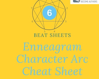 May include: A yellow graphic with a diagram of a circle with lines and numbers, and the text "Beat Sheets." Below, the text reads "Enneagram Character Arc Cheat Sheet" and "Type 6: The Loyalist."