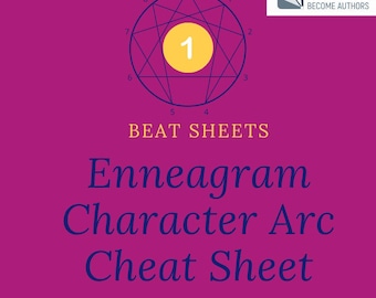 May include: A magenta graphic with a geometric design and text. The text reads "BEAT SHEETS Enneagram Character Arc Cheat Sheet Type 1: The Reformer." A logo for "HELPING WRITERS BECOME AUTHORS" is in the upper right corner.