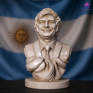 Puede incluir: Un busto de color crema que representa a una persona con cabello ondulado, vistiendo una chaqueta de traje, camisa de cuello y corbata. La figura tiene una expresión sonriente y está colocada sobre una base circular con acabado liso.