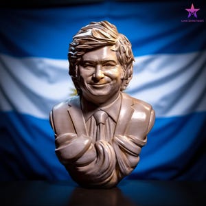 Puede incluir: Un busto de color bronce de un hombre sonriente con traje y corbata. El busto está situado frente a una bandera argentina. El busto tiene cabello y rasgos faciales detallados. El logotipo de Like Dimension es visible en la esquina superior derecha.