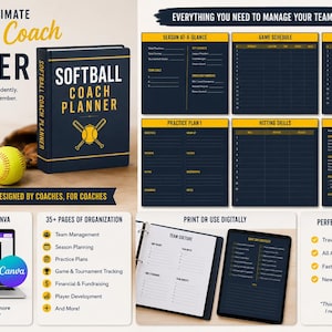 May include: A softball coach binder planner with a dark blue cover featuring yellow text and a softball graphic. The set includes digital templates for season schedules, team rosters, practice plans, hitting drills, and tournament planning pages.