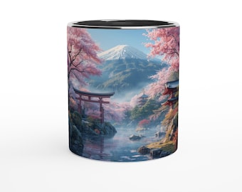 Japanese Landscape Ceramic Mug: Tranquil Reflections, Vibrant Interior