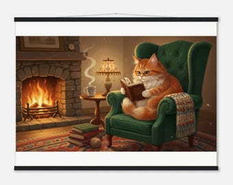 Winter Cat Reading Art Print | Cozy Fireplace Scene with Magnetic Hangers