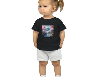 Baby Crewneck T-Shirt: Tranquil Japanese Landscape Mount Fuji Cherry Blossoms Infant Tee