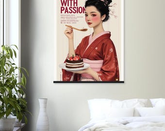 Japanese Geisha Poster: Museum-Quality Art Print with Pine Wood Hanger