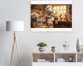 Cartoon Raccoon Chef Print, Playful Kitchen Wall Art