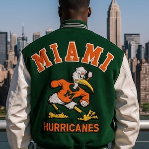 Miami Hurricanes Unisex Varsity Jacket With Leather Sleeves – Vintage Style Retro College Sports Jacket-Vintage Style Unisex Varsity Jacket