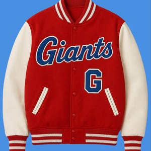 May include: A red and white letterman jacket with the word "Giants" in blue script across the chest. The jacket has white sleeves and a blue "G" patch. The collar, cuffs, and waistline feature white stripes.