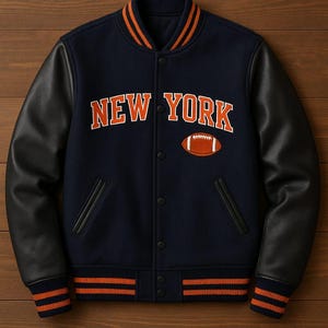 May include: Navy blue varsity jacket with black leather sleeves. The jacket features the text "NEW YORK" in orange block letters, along with an embroidered football. Orange and black striped details are on the collar, cuffs, and hem.