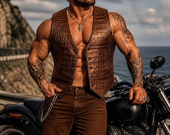 Men’s Black and brown Crocodile Leather Vest – Slim Fit Biker Waistcoat