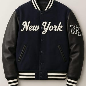 May include: Navy blue varsity jacket with black leather sleeves. The jacket features the text "New York" in white script across the chest and a white "NY" patch on the sleeve. White and black striped trim accents the collar, cuffs, and hem.