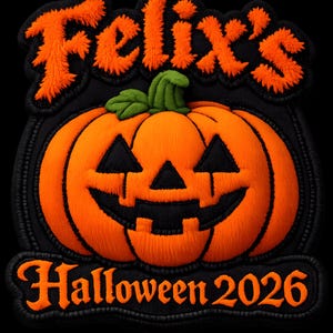 Op de afbeelding: Geborduurde patch met een lachende oranje pompoen met zwarte gezichtskenmerken en een groene stengel. De patch leest "Felix's Halloween 2026" in oranje tekst op een zwarte achtergrond, perfect voor Halloween.