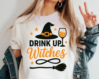 Bevi Streghe SVG, Divertente vino di Halloween PNG, Cappello da strega Scopa (Download digitale)