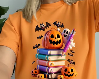 Halloween Ghost Pumpkin School Books Design: PNG SVG PDF (Digital Download)