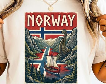 Vintage Norway Travel Poster, Viking Ship & Fjord Print, Retro Scandinavian Wall Art