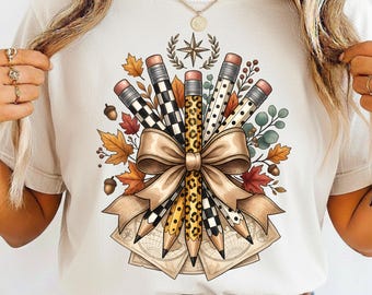 Teacher Pencil PNG, Leopard Print, Fall Autumn School Shirt Design (Digital Download)