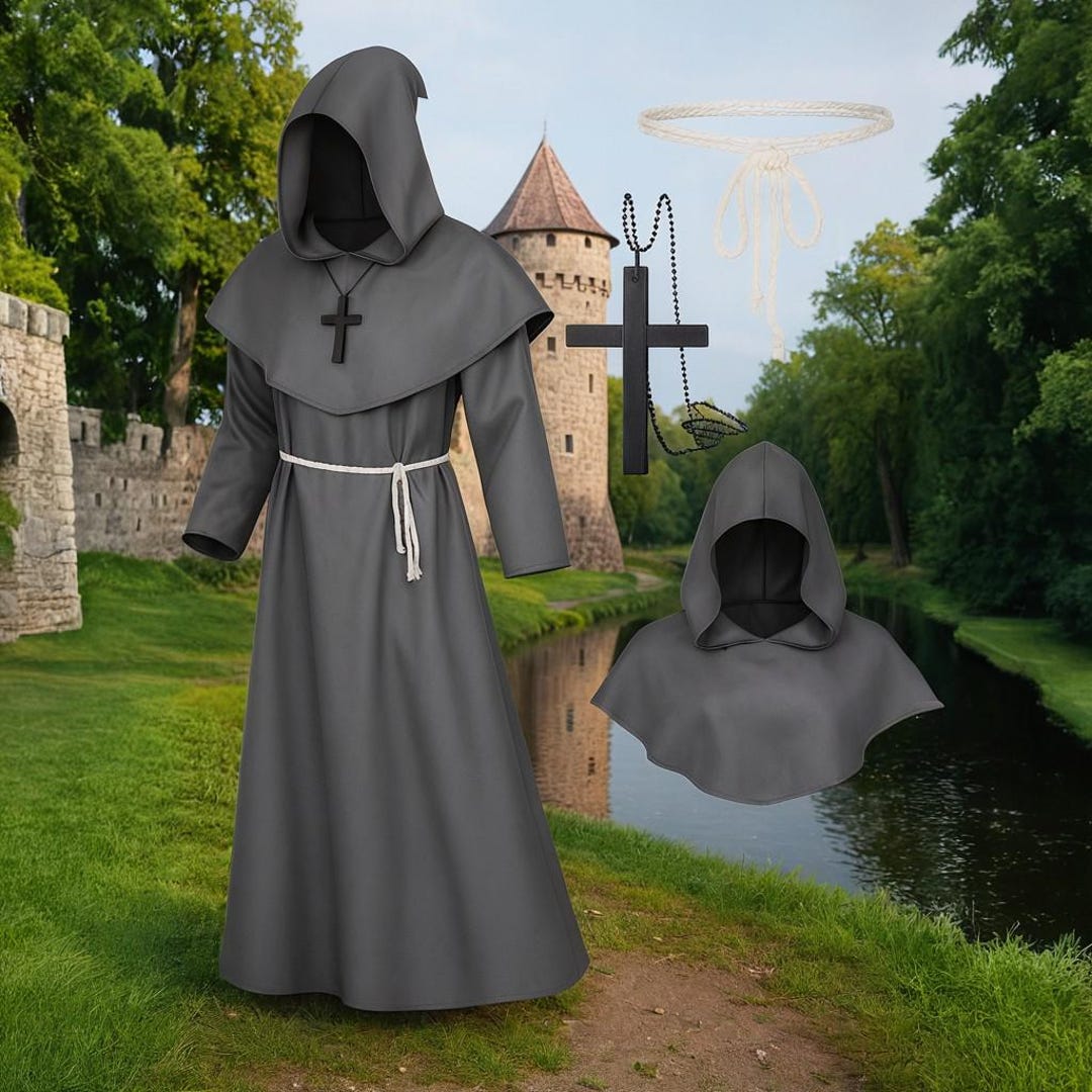 Medieval Monk Robe Costume | Hooded Cloak With Cross Necklace & Rope ...