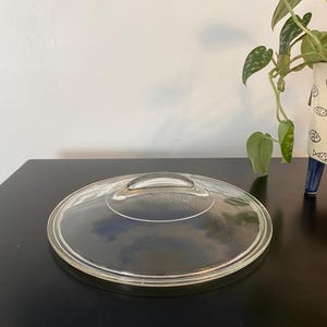 Può includere: Un coperchio di vetro trasparente di forma arrotondata con una piccola maniglia. Il coperchio è appoggiato su una superficie nera. Lo sfondo comprende un muro bianco e una pianta decorativa in un vaso bianco.