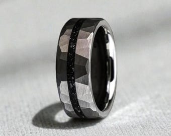 Anillo de tungsteno martillado, incrustación de meteorito auténtico, banda de 8 mm, anillo de promesa, alianza de compromiso o boda con caja.