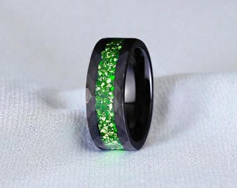 Anillo de tungsteno con esmeralda verde, banda de 8 mm, anillo de boda, anillo de aniversario, anillo de promesa con caja.