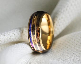 Anillo de tungsteno con ópalo azul y meteorito, incrustaciones de hoja de oro rosa, banda de 8 mm, anillo de promesa, regalo de aniversario con caja.