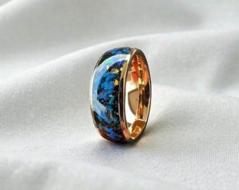 Anillo de tungsteno con ópalo galaxia azul, alianza de promesa, banda de 8 mm, anillo de compromiso, anillo de boda galaxia, ajuste cómodo con caja.