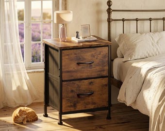 Mesita de noche de madera con 2 cajones de tela – Mesita auxiliar rústica estrecha – Mesita de noche pequeña para dormitorio