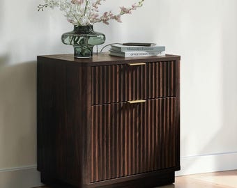 Nightstand with Charging Station, Dark Walnut Bedside Table, Modern Wood Night Stand, 3 Drawer Storage Cabinet, Bedroom Side Table