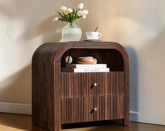 Fluted Wood Nightstand, 24 Inch Dark Walnut Bedside Table with Charging Station, 2 Drawer Bedroom Storage Cabinet, Modern Nightstand