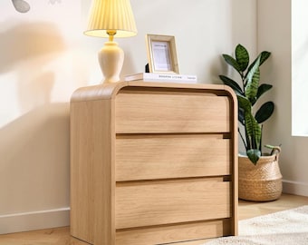 Modern Nightstand with 3-Drawers, Oak Bedside Table, Charging Station End Table, Curved Profile