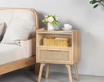 Mid Century Modern Nachttisch mit Rattan Schublade, Nachttisch aus Holz, Akzent Beistelltisch, kleiner Schrank, Schlafzimmer Möbel