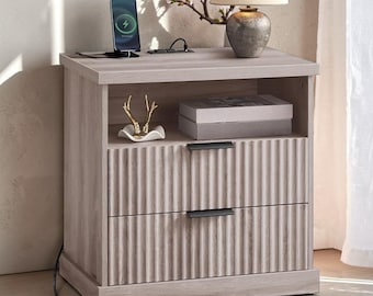 Fluted Nightstand with Charging Station, 2 Drawer Bedside Table, Mid Century Modern End Table , Modern Nightstand , Compact Nightstand
