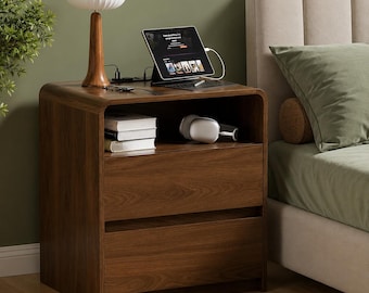 Walnut Nightstand with Charging Station, 2 Drawer Bedside Table, Modern End Table, Bedroom Storage Cabinet, USB & AC Outlet