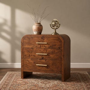 May include: A three-drawer chest with a rounded top and a brown burl wood veneer finish. The chest features three horizontal gold-toned metal drawer pulls. A textured ceramic vase with thin branches and a brass armillary sphere sit on top.