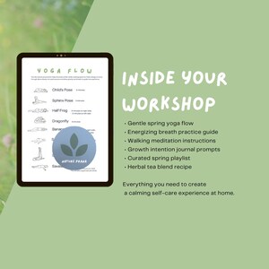 Könnte beinhalten: Ein schwarzes Tablet zeigt einen Yoga-Flow-Guide mit Abbildungen von Posen. Der Bildschirm zeigt den Text "YOGA FLOW" und "INSIDE YOUR WORKSHOP" mit Aufzählungszeichen, die Yoga- und Selbstpflegepraktiken auflisten. Ein beruhigendes Selbstpflegeerlebnis.