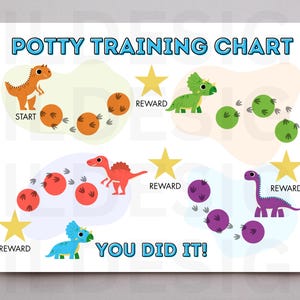 May include: Potty training chart featuring cartoon dinosaurs and star rewards. The chart includes an orange, green, red, blue, and purple dinosaur. The text "Potty Training Chart" and "You Did It!" are displayed.