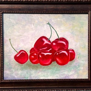 Cherry Delight Original Oil Painting 14x11 Red Cherries Still Life Art on Canva